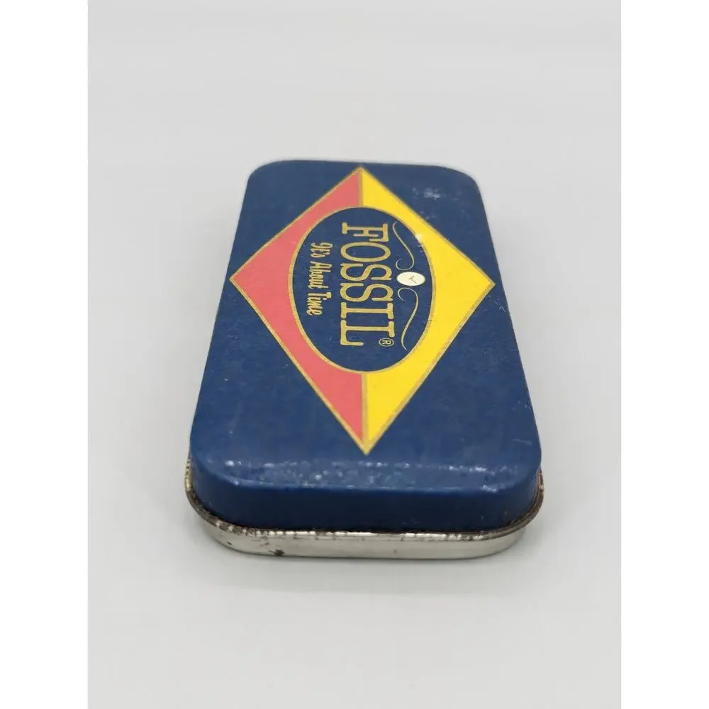 Vintage Fossil Watch Empty Box Tin Collectible 1990 Blue Red & Yellow